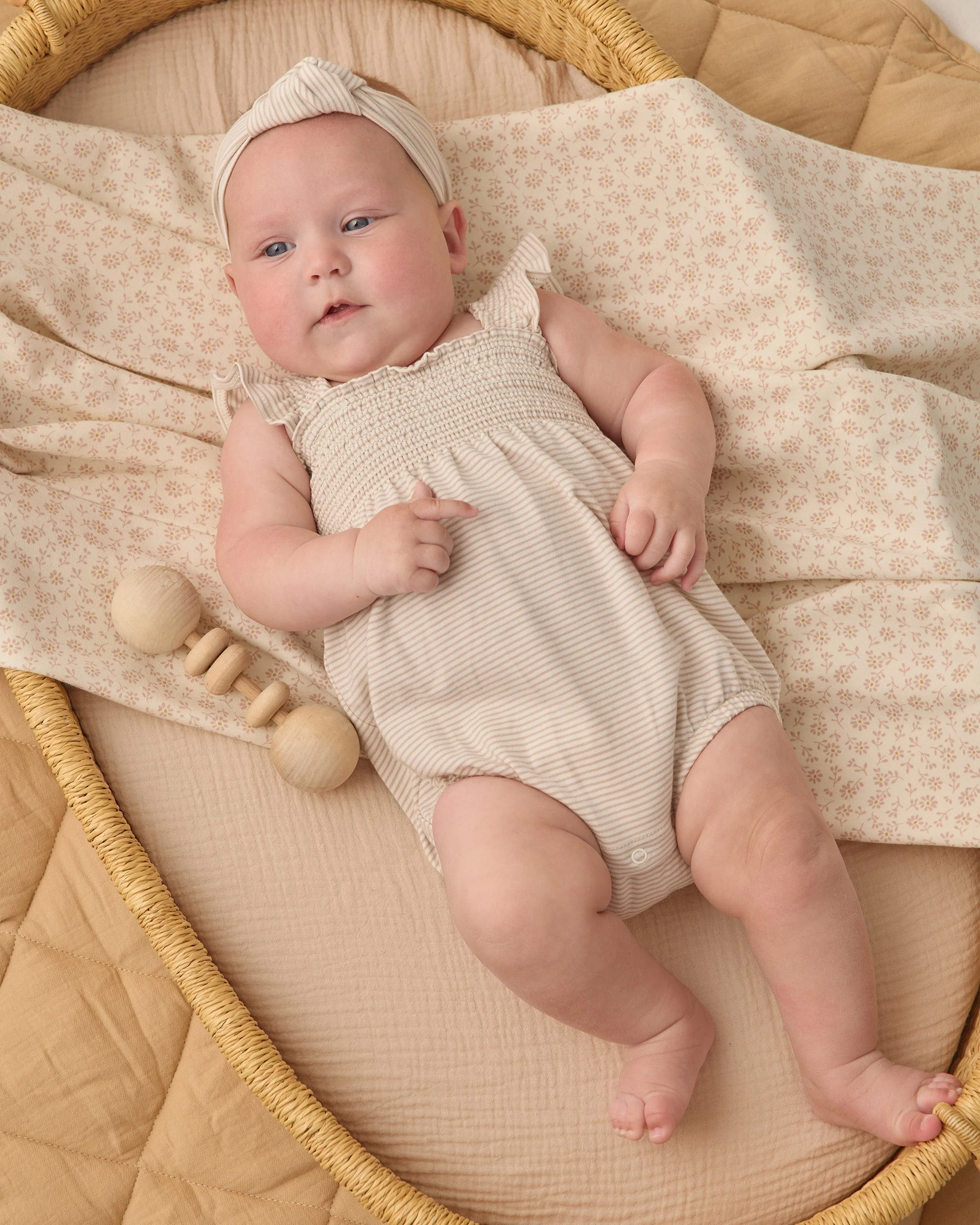 Smocked Ruffle Sleeve Romper Oat Micro Stripe - Image 3